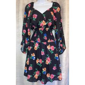 Peach Love California Floral Print‎ Dress Long Sleeve Smocked Waist Made in USA